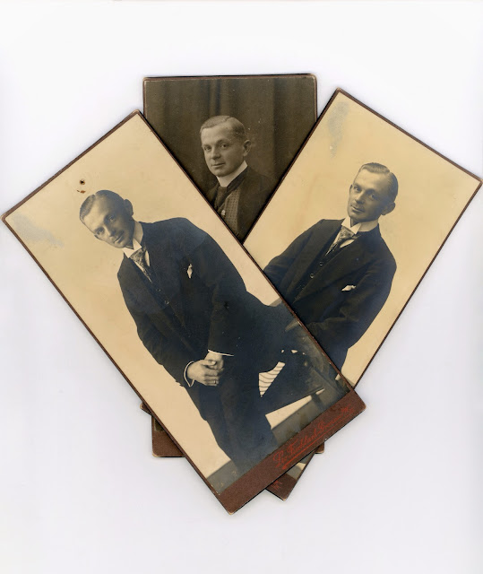 Trio van langwerpige foto's uit 1919-1914-1919, op alle foto's dezelfde man