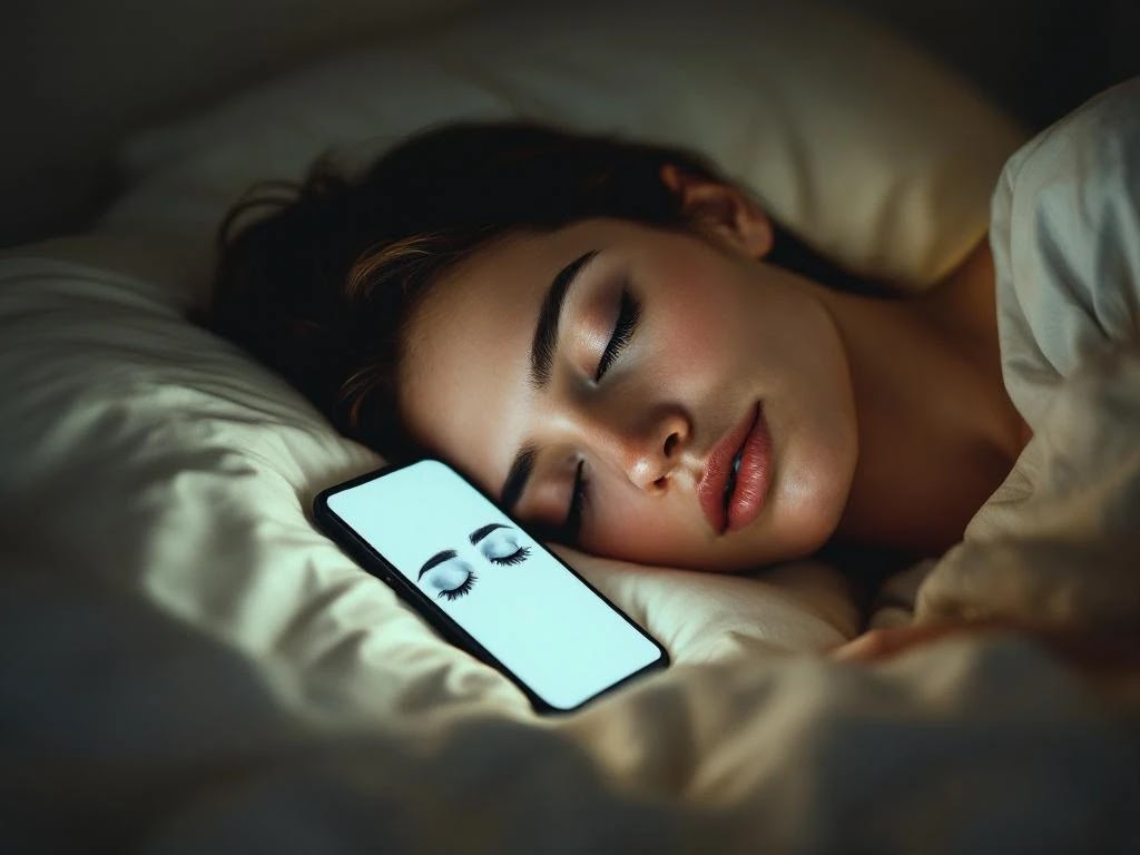 AI-generated image of woman sleeping with a smartphone on the pillow next to her head