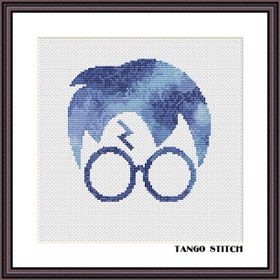 Blue glasses silhouette watercolor cross stitch pattern - Tango Stitch