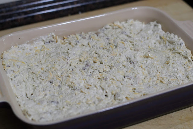 The casserole filling in the baking dish. 