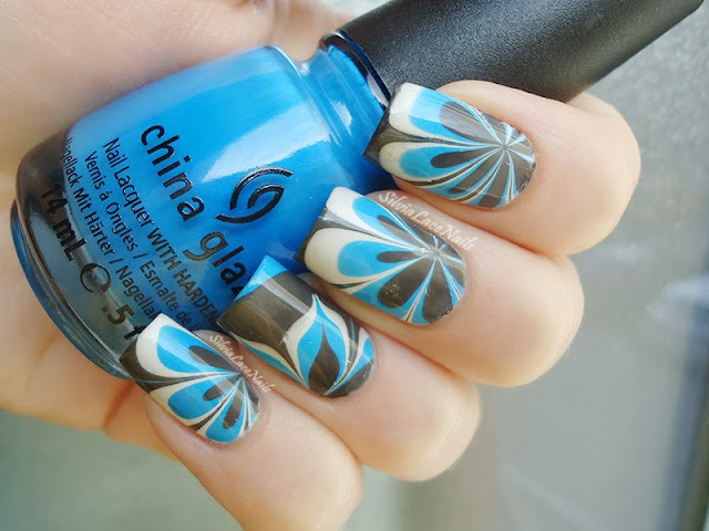 Silvia Lace Nails: blue, white, and grey water marble flowers