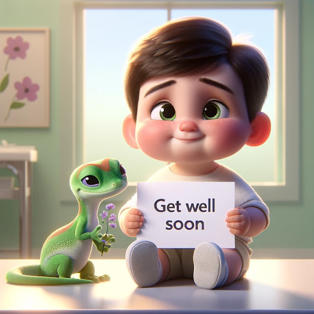 A boy and his dinosaur in a Pixar like cartoon illustration wishing you 'Get Well Soon'