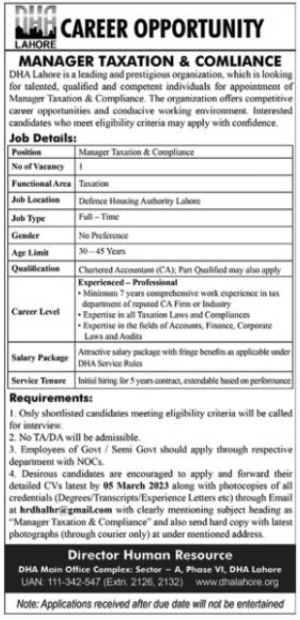 MANAGER TAXATION & COMLIANCE DHA  Management Jobs 2023