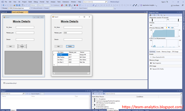 Write a VB.NET program to create movie table (Mv_Name, Release_year,  Director). Insert the records (Max: 5). Delete the records of movies whose release year  is 2022 and display appropriate message in message box.