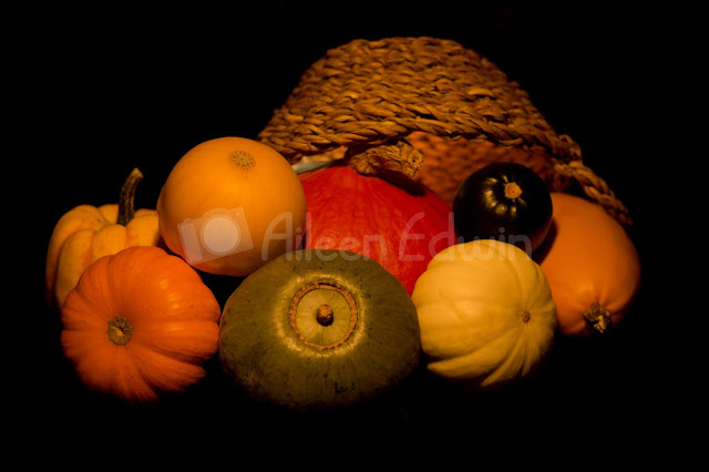 Colourful pumpkins and basket on black background