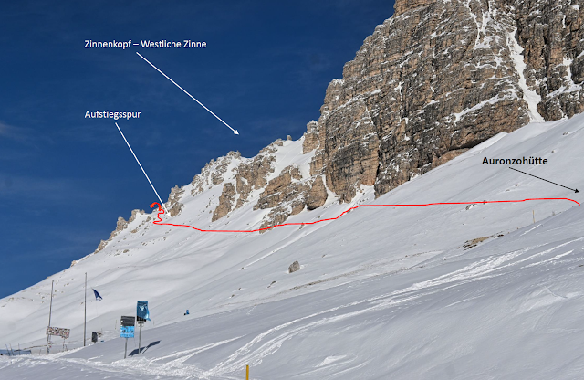 Geringe Schneehöhen und gut verfestigte Schneedeck im südexponierten Gelände oberhalb der Auronzohütte. (Foto und Bearbeitung: Erwin Steiner, 30.01.2023)