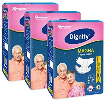 Dignity Magna Adult Diapers, Large, Waist Size 38" - 54", 10 Pcs/Pack (Pack of 3), 30 Pcs