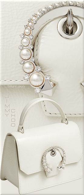 ♦Jimmy Choo Madeline satchel in latte patent textured leather with pearl buckle #jimmychoo #bags #brilliantluxury