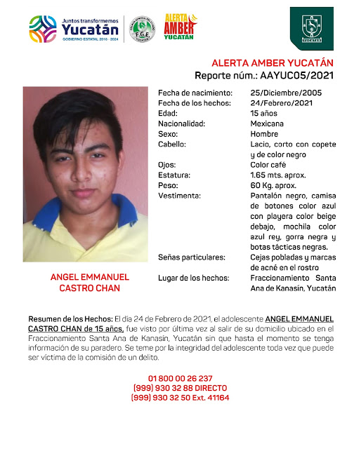 Alerta Amber Angel Emmanuel Castro Chan de 15 años de edad