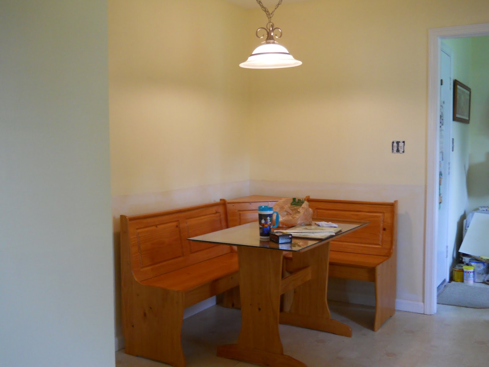 Breakfast Nook ~ BEFORE ~ pre-beadbo ard wallpaper, chair / dado rail ...