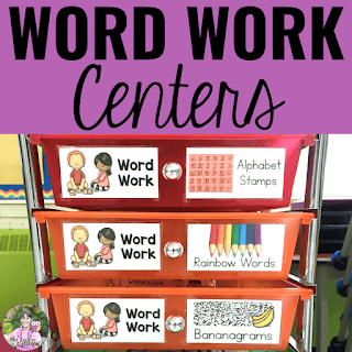 Cover of word work centers resource with photo of centers in colorful drawers.