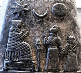 The king presents his daughter to the goddess Nannaya.  The crescent moon represents the god Sin, the sun the Shamash and the star the goddess Ishtar.