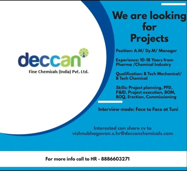 Deccan Fine Chemicals Hiring For B Tech Mechanical/ B Tech Chemical - Projects