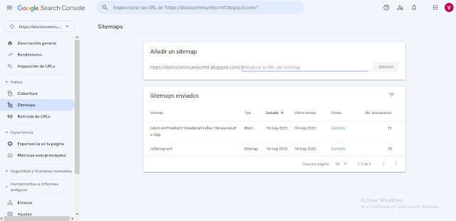 Imagen de Google Search Console para añadir un Sitemap a un sitio web