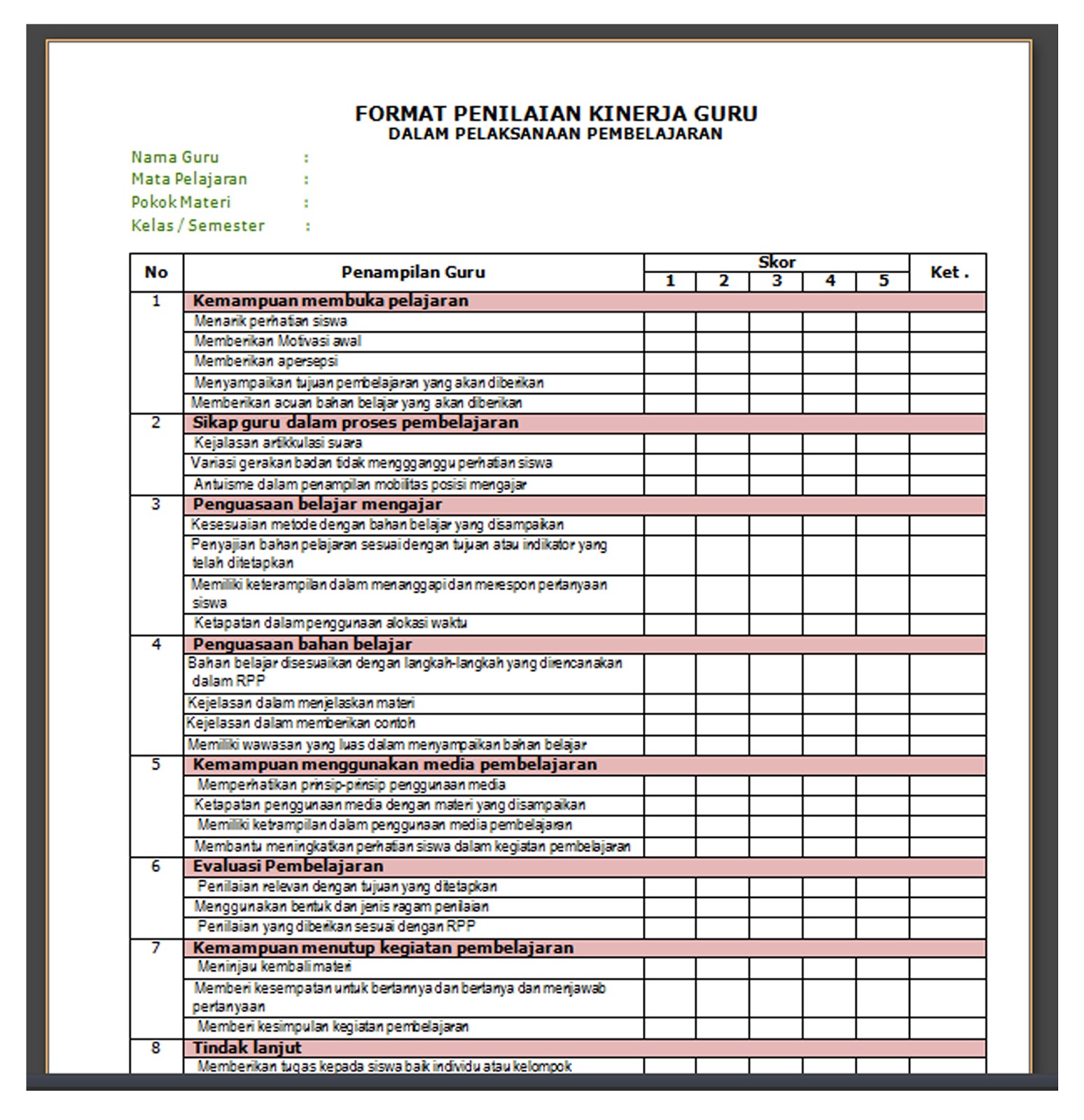 format penilaian pembelajaran