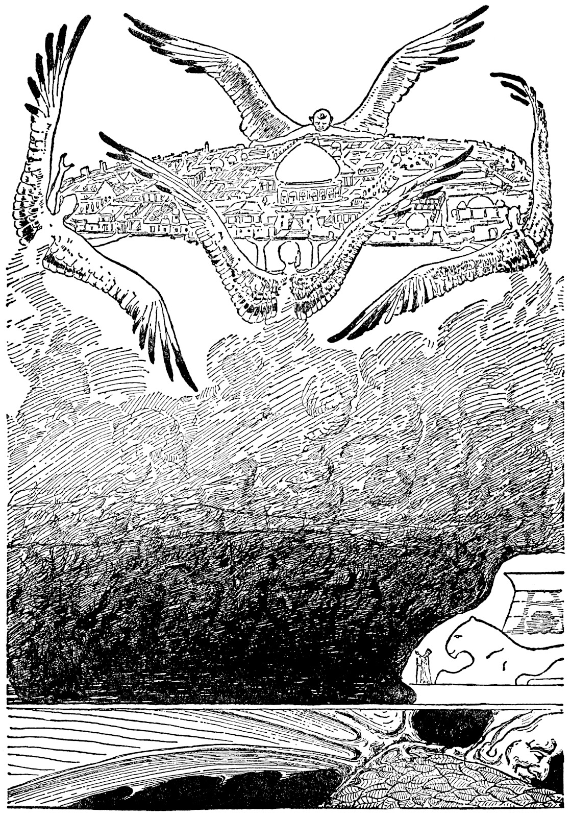 童話『踏み付けた蝶』の挿絵：鴎の翼を備えた四人のジンが王宮を庭ごと運んで飛んでその下の地面に大穴か開いている大きな絵の下に右向きのアクレイグの小さな絵がある