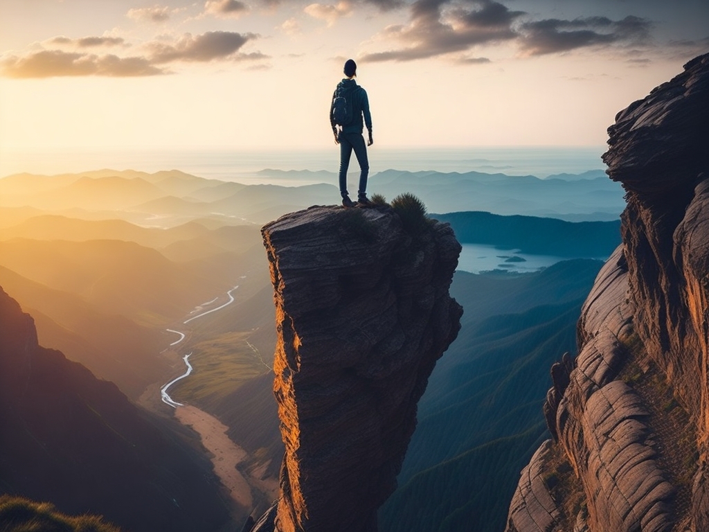 A person standing on the edge of a cliff, overlooking a beautiful landscape,