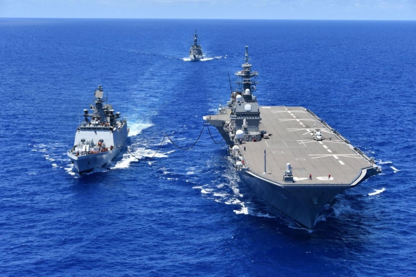 La Fuerza de Autodefensa Marítima de Japón (JMSDF) lleva a cabo Malabar 21, un ejercicio multinacional con la Armada de la India, la Armada de los Estados Unidos y la Armada Real de Australia, para mejorar las habilidades tácticas y fortalecer aún más las armadas QUAD. Foto: AFP / EyePress News