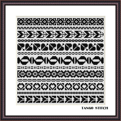 Art Nouveau black and white cross stitch ornaments sampler design - Tango Stitch