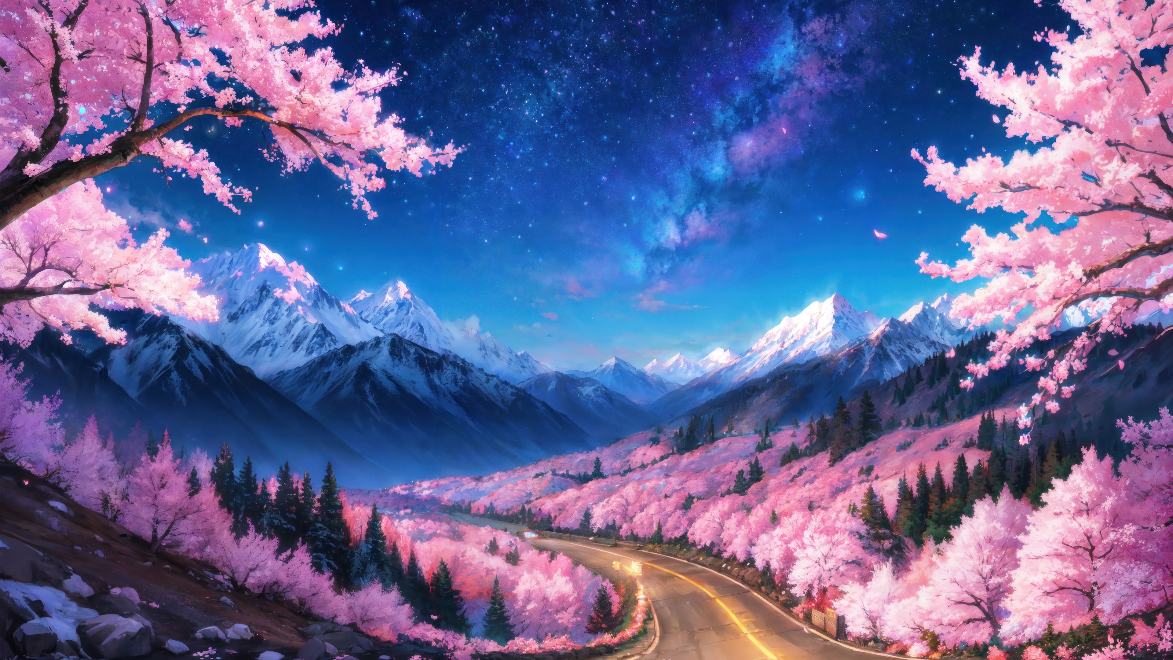 Cherry Blossom Forest Snowy Mountain Scenery Starry Night Sky 4K Desktop PC