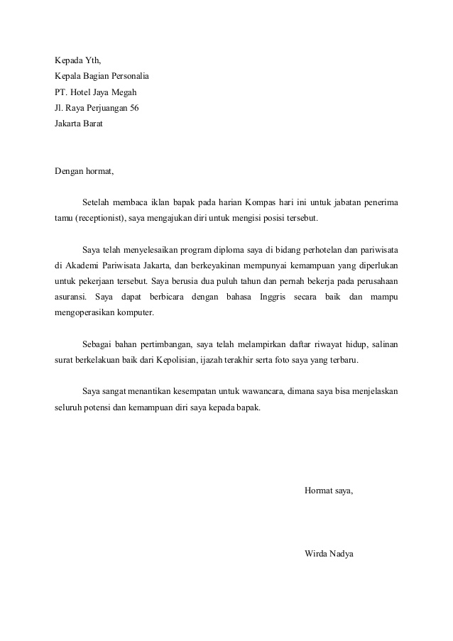 Contoh Surat Lamaran Kerja Di Hotel Berbintang Terbaru ...