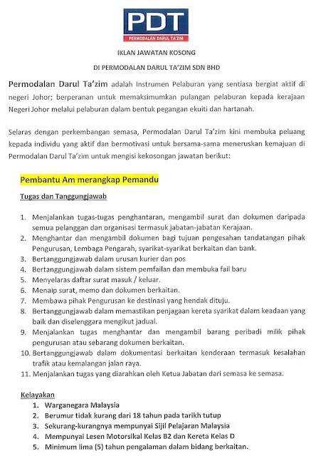 Jawatan Kosong Permodalan Darul Ta'zim Sdn Bhd Mac 2018