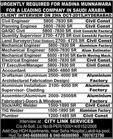 Urgently required for MADINA MUNNAWARA For Leading Company in KSA Large Job Vacancies