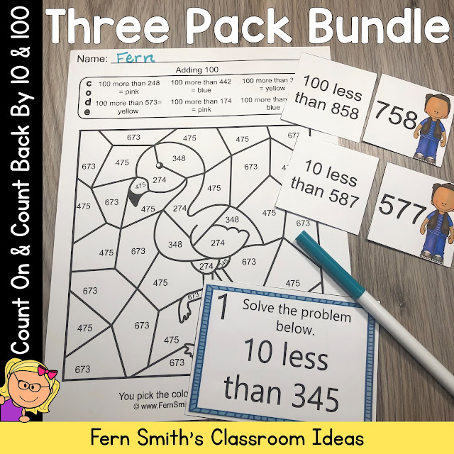 Click Here to Download This Count On and Count Back By 10 and 100 Task Cards, Color by Numbers, and Center Games Resource Bundle