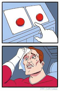 RED BUTTON CHOOSE SWEATING MAN TOUGH CHOICE