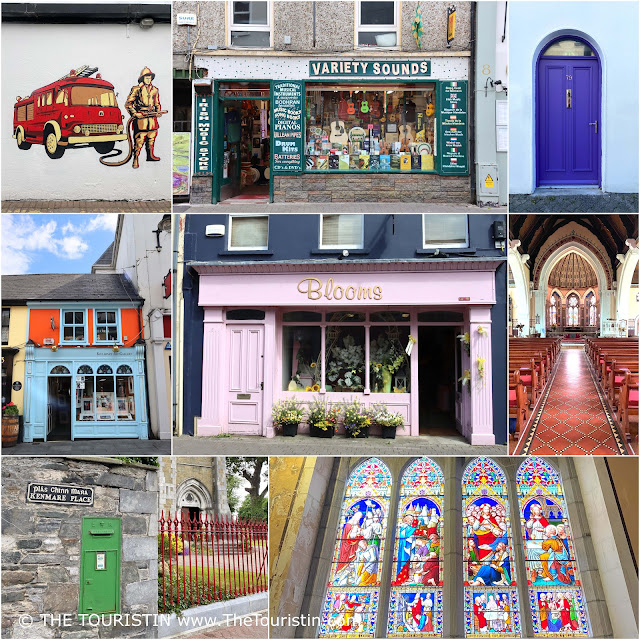 Mural of a fireman with his car, the shop window of a music store offering guitars, a purple front door, a flower shop with a pink facade, colourful church windows, the interior of a church, a tall green mailbox, an art gallery with a light-blue painted facade.