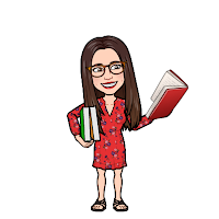 Miss Lawrence's Bitmojo cartoon avatar, a woman in big glasses with long brown hair, wearing a red dress, holds up a book and has two more tucked under her arm.