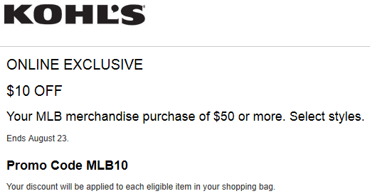 Kohls coupon $10 off $50 MLB Merchandise