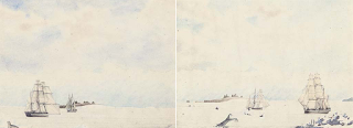 Two paintings by Davis of the ships and Mount Sabine