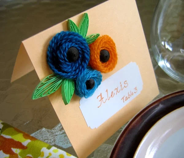 Rolled Yarn Flowers with Quilled Leaves Card