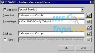 Covadis Calculs, Lecture carnet, Paramétrage carnets, Traitement d'un fichier, station totale, Carnet de terrain, Lecture Carnet Zeiss