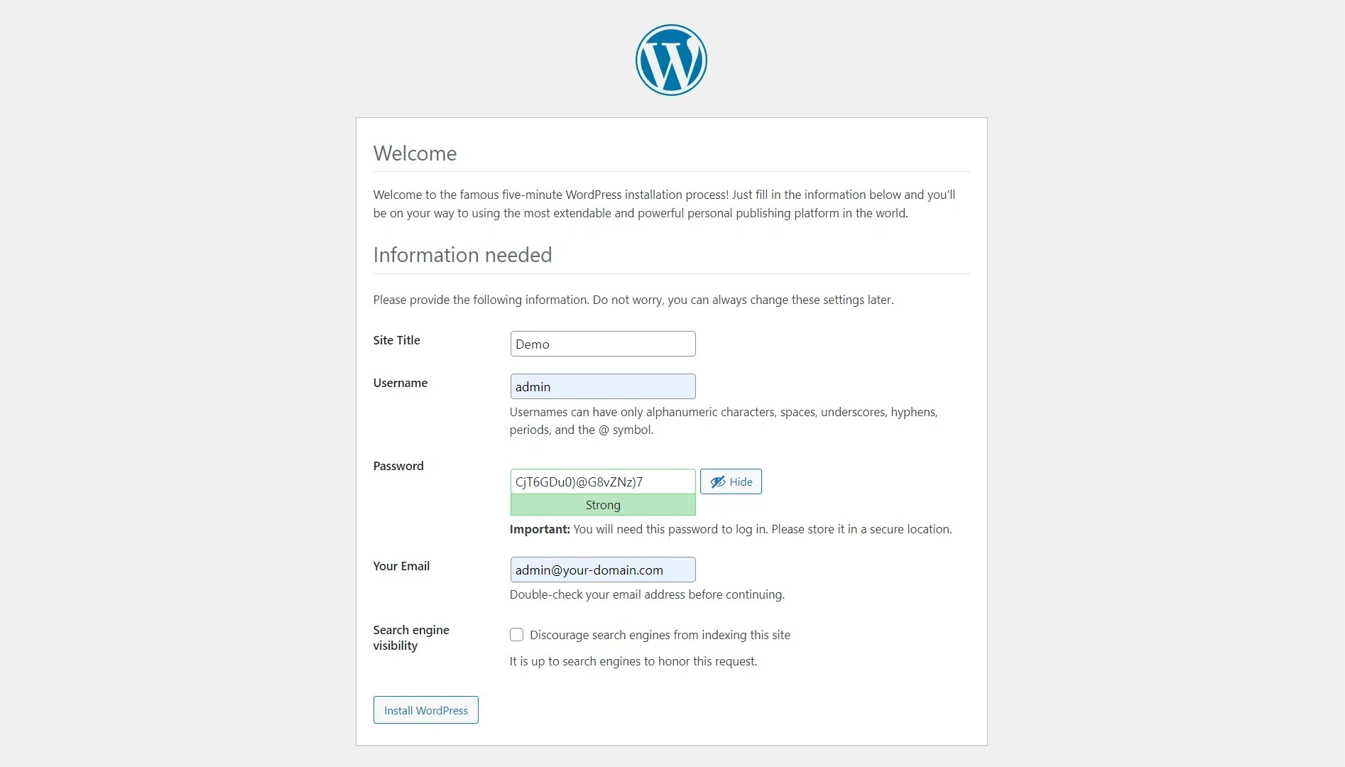 WordPress installation page