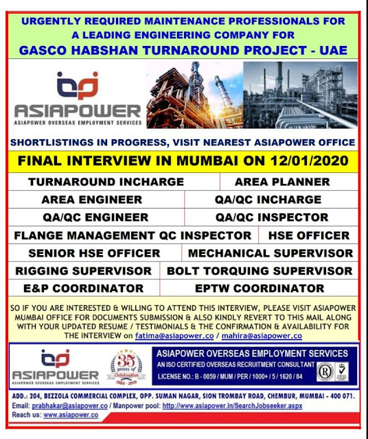 UAE Jobs, Oil & Gas Jobs, Turnaround Shutdown Jobs, Shutdown Jobs, QA/QC Jobs, HSE Jobs, Rigging Supervisor, Mechanical Supervisor, Asiapower Jobs,