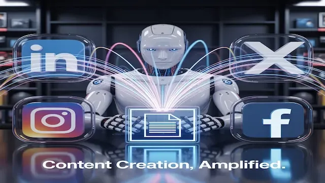 A futuristic interface showing an AI automatically generating engaging social media posts for LinkedIn, X (Twitter), and Facebook from a single article, demonstrating the power of the AI Social Media Post Generator tool.
