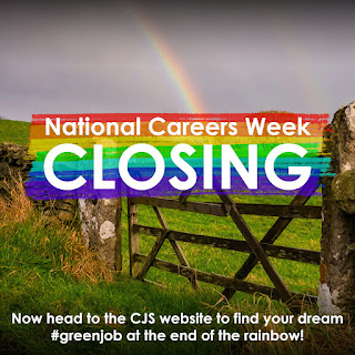 a wooden gate between stone gate posts in to a grassy field viewing a rainbow in a dark, rain laden sky. Text reads: National Careers Week Closing