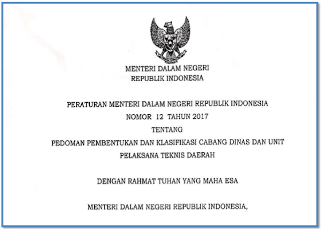 Peraturan Menteri Dalam Negeri nomor 12 tahun 2017 Tentang pembentukan UPTD Provinsi dan Kabupaten