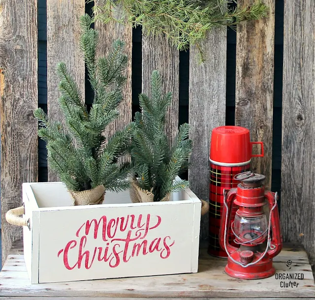 Garage Sale Wooden Box Upcycled As Inexpensive Christmas Decor #hobbylobbystencil #hobbylobby #hobbylobbyhardware #Christmas #stencil #farmhouseChristmas #upcycle #garagesalefinds