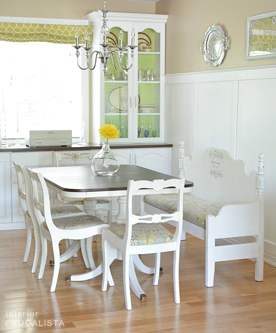 A DIY dining room makeover right side of white painted built in cabinet.