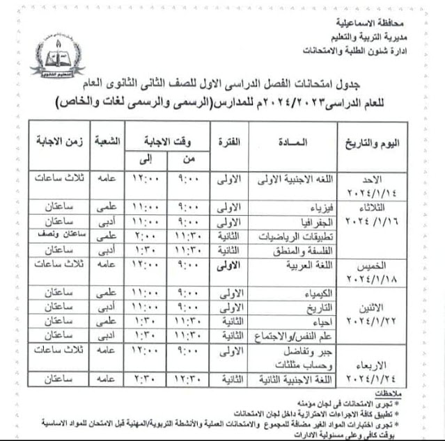 جداول امتحانات محافظة  الإسماعيلية ترم أول 2024 %D8%AB%D8%A7%D9%86%D9%8A%20%D8%AB