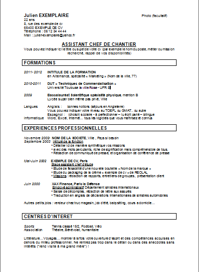 ... de CV : Exemple de CV Classique â€ - Assistant Chef de Chantier