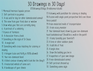 A digital image, with a teal and salmon background. It lists 30 drawing prompts, one for each day of a 30 daily drawing challenge.