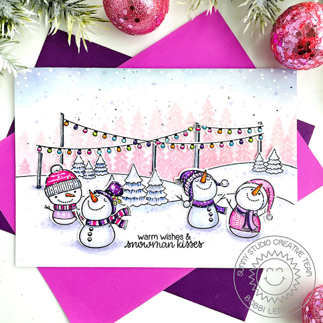 Sunny Studio Stamps: Snowman Kisses Winter Themed Holiday Card by Bobbi Lemanski (featuring Scenic Route, Forest Tree Stencils)