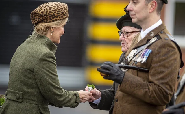 The Duchess of Edinburgh wore a Kristen khaki coat dress by Claire Mischevani during visit to the Royal Irish Regiment