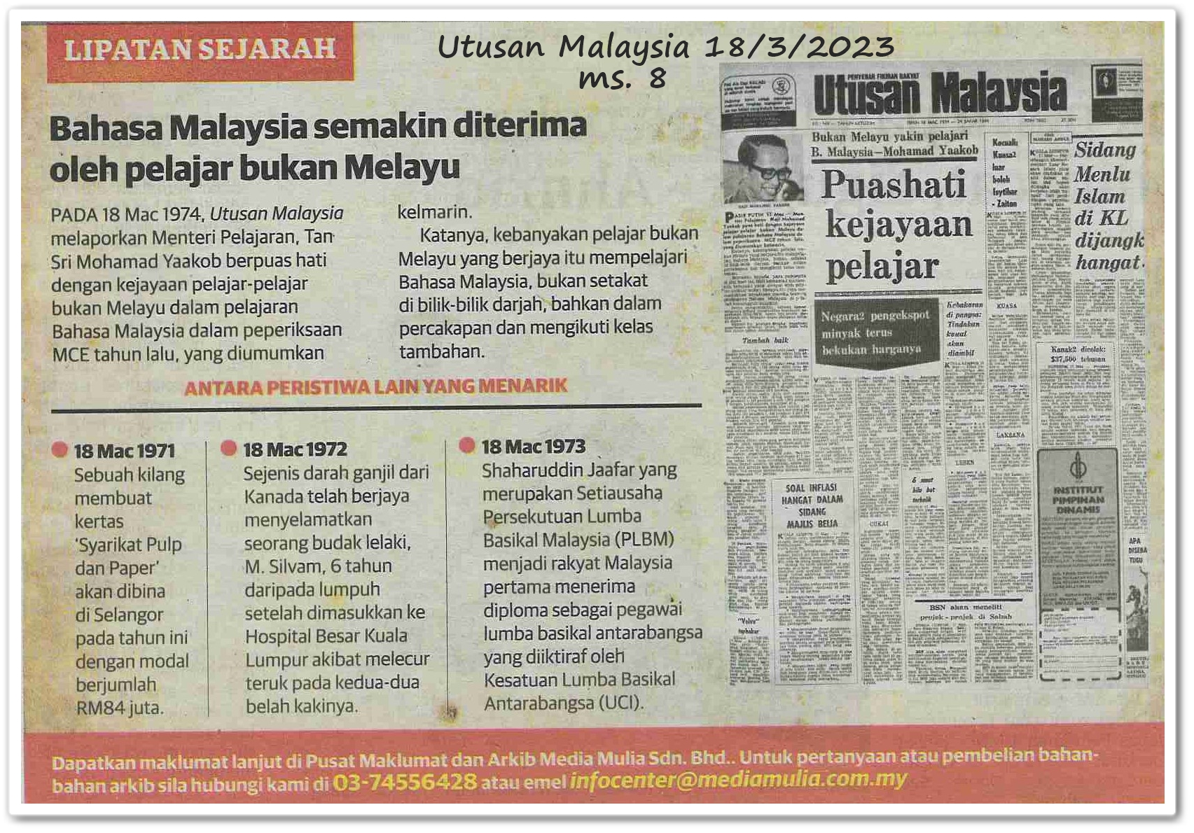 Lipatan sejarah 18 Mac - Keratan akhbar Utusan Malaysia 18 Mac 2023