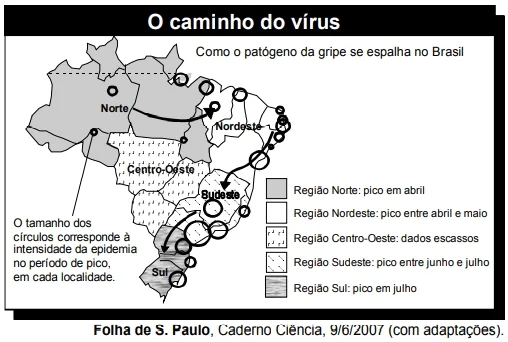 ENEM 2007: No mapa a seguir, descreve-se a disseminação do vírus da gripe no Brasil, em 2007.