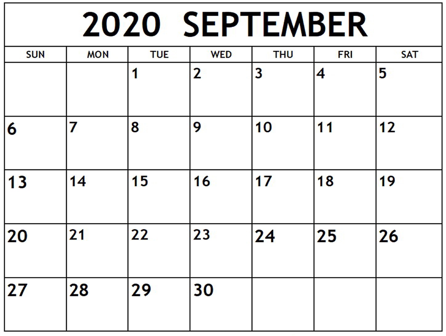 Blank September 2020 Calendar